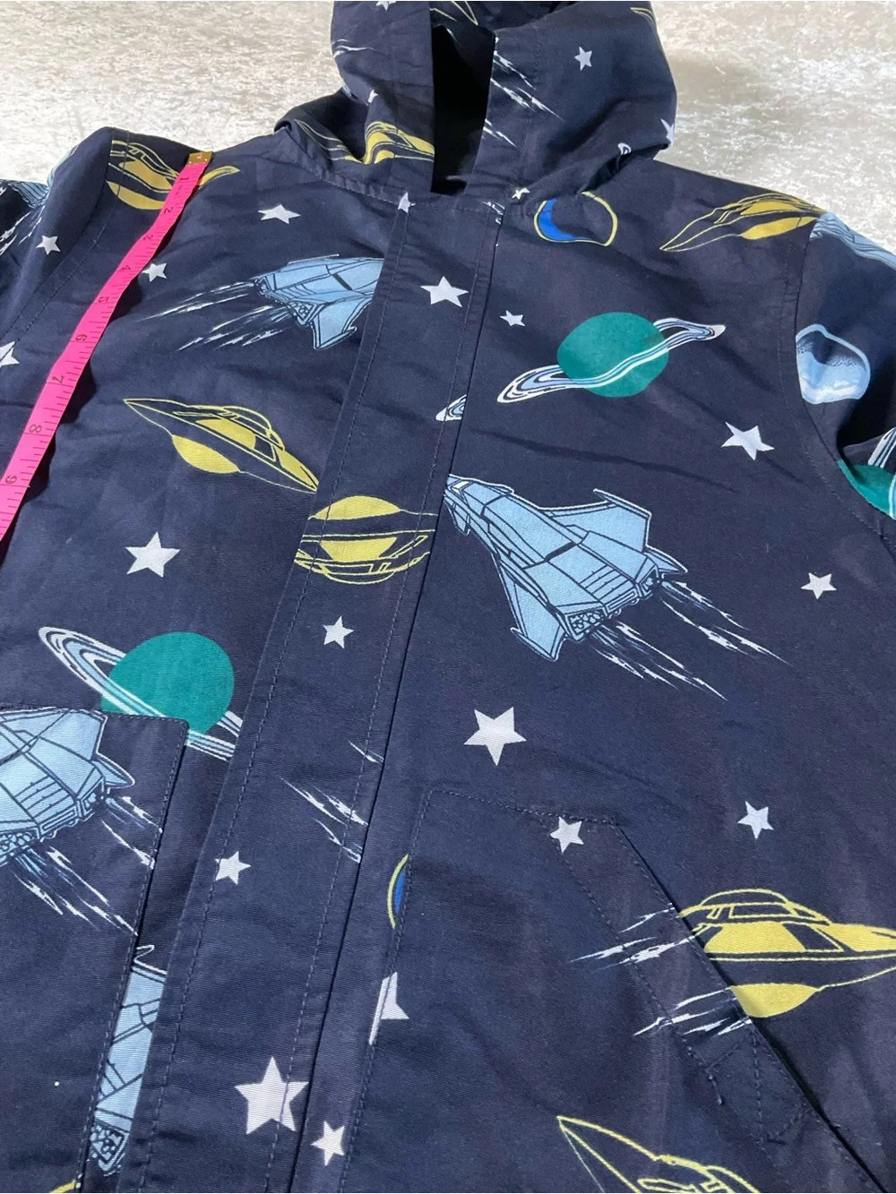 Gymboree Navy Space-Themed Hooded Raincoat with Yellow & Teal Accents